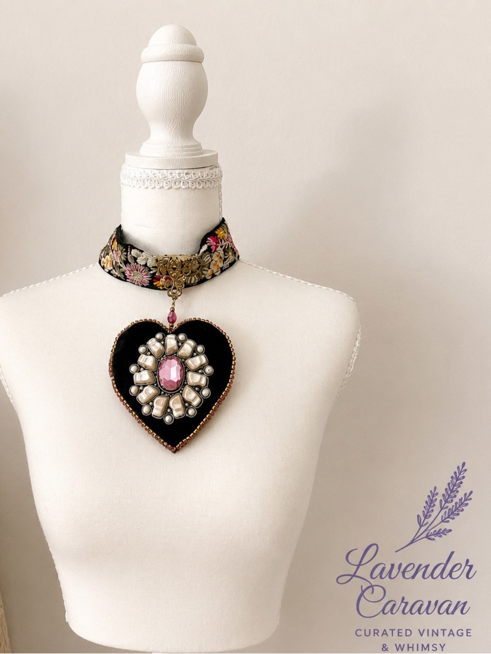 A Rare Bird Black Velvet Heart Pendant Choker Necklace with Pink Crystal